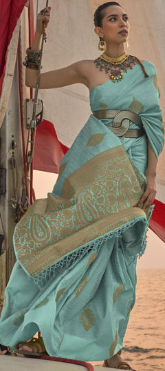 Blue color Saree in Satin Silk, Silk fabric with Weaving work