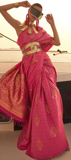 Pink and Majenta color Saree in Satin Silk, Silk fabric with Weaving work