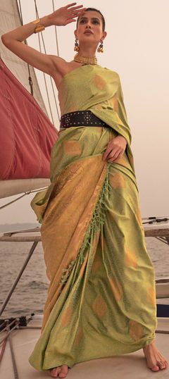 Green color Saree in Satin Silk, Silk fabric with Weaving work