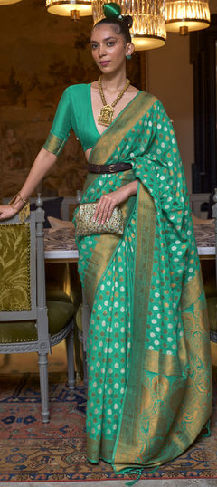 Party Wear, Traditional Green color Saree in cotton fabric with Bengali Weaving work : 1880787