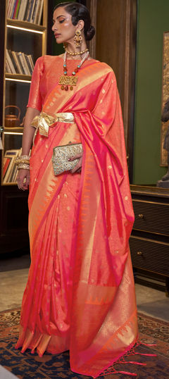 Orange color Saree in Handloom fabric with Weaving work