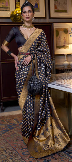 Party Wear, Traditional Black and Grey color Saree in cotton fabric with Bengali Weaving work : 1880791