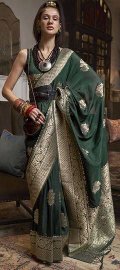 Festive, Party Wear, Reception Green color Saree in Georgette fabric with Classic Weaving work : 1880812