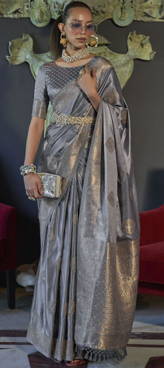 Silver color Saree in Satin Silk, Silk fabric with Weaving work