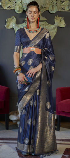 Party Wear, Traditional Blue color Saree in Satin Silk, Silk fabric with South Weaving work : 1880830