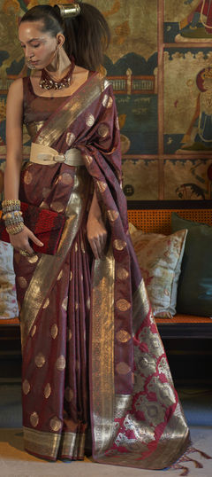 Beige and Brown color Saree in Satin Silk, Silk fabric with Weaving work