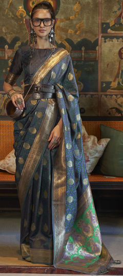 Blue color Saree in Satin Silk, Silk fabric with Weaving work