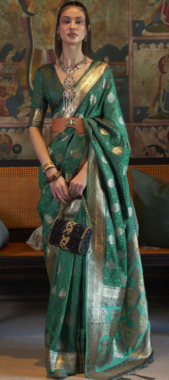 Green color Saree in Satin Silk, Silk fabric with Weaving work