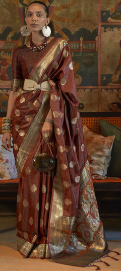 Beige and Brown color Saree in Satin Silk, Silk fabric with Weaving work