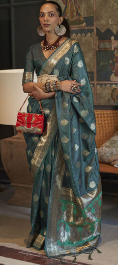 Blue color Saree in Satin Silk, Silk fabric with Weaving work