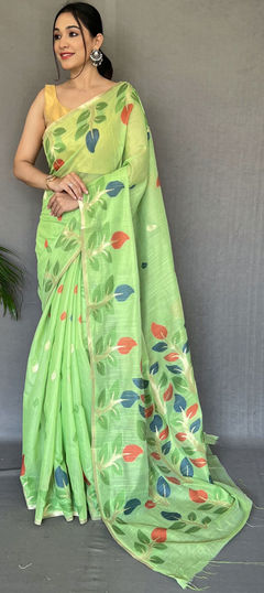 Traditional Green color Saree in Chanderi Silk fabric with South Weaving work : 1880892