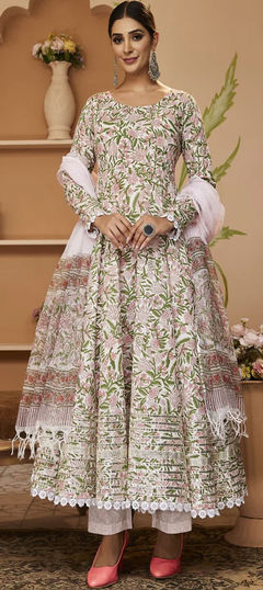 White and Off White color Salwar Kameez in Cotton fabric with Floral, Gota Patti, Printed work