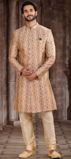 Party Wear Beige and Brown color Sherwani in Art Silk fabric with Printed work : 1881047