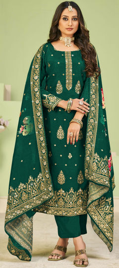 Party Wear, Reception Green color Salwar Kameez in Viscose fabric with Straight Weaving, Zari work : 1881139