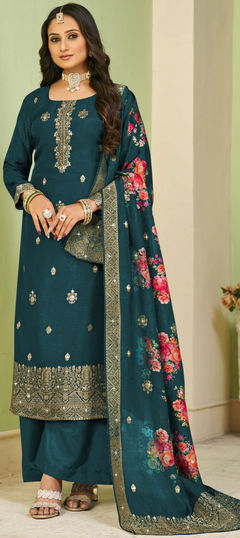 Party Wear, Reception Blue color Salwar Kameez in Viscose fabric with Straight Weaving, Zari work : 1881144