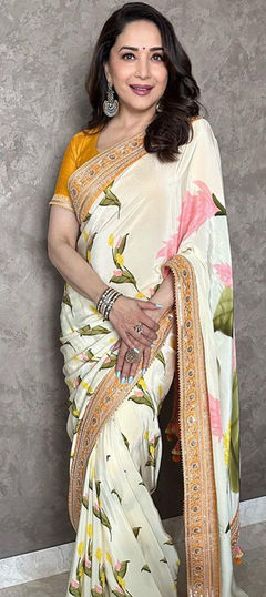 White and Off White color Saree in Art Silk, Silk fabric with Embroidered, Printed, Sequence, Thread work