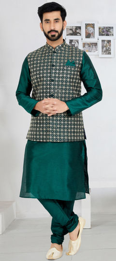 Green color Kurta Pyjama with Jacket in Banarasi Silk fabric with Embroidered, Resham, Thread work