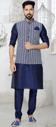 Blue color Kurta Pyjama with Jacket in Banarasi Silk fabric with Embroidered, Resham, Thread work