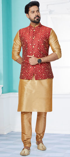 Beige and Brown color Kurta Pyjama with Jacket in Banarasi Silk fabric with Embroidered, Resham, Thread work