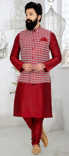 Red and Maroon color Kurta Pyjama with Jacket in Banarasi Silk fabric with Embroidered, Resham, Thread work