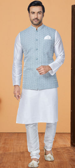 White and Off White color Kurta Pyjama with Jacket in Banarasi Silk fabric with Embroidered, Resham, Thread work