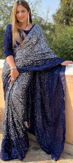 Blue color Saree in Georgette fabric with Embroidered, Sequence, Thread work