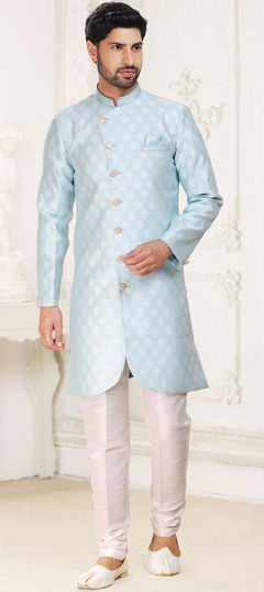 Blue color IndoWestern Dress in Jacquard fabric with Weaving, Zari work