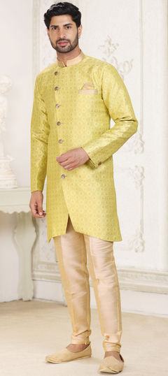 Yellow color IndoWestern Dress in Jacquard fabric with Weaving, Zari work