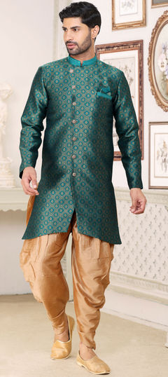 Green color IndoWestern Dress in Jacquard fabric with Weaving, Zari work