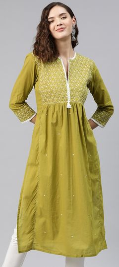 Green color Kurti in Cotton fabric with Resham, Sequence, Thread work