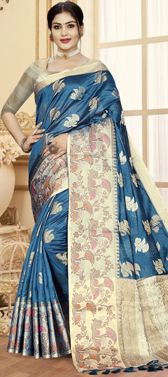 Reception, Traditional Blue color Saree in Organza Silk, Silk fabric with South Weaving work : 1881629