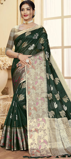 Reception, Traditional Green color Saree in Organza Silk, Silk fabric with South Weaving work : 1881632