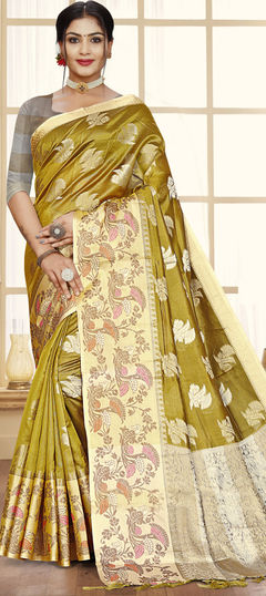 Reception, Traditional Yellow color Saree in Organza Silk, Silk fabric with South Weaving work : 1881635