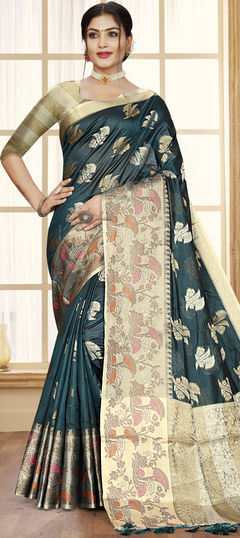 Reception, Traditional Blue color Saree in Organza Silk, Silk fabric with South Weaving work : 1881636