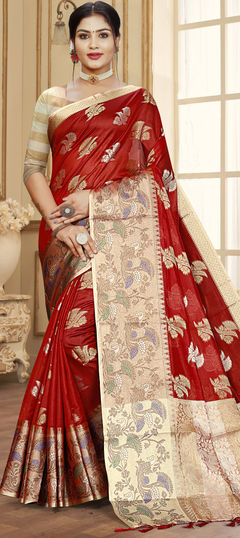 Reception, Traditional Red and Maroon color Saree in Organza Silk, Silk fabric with South Weaving work : 1881637