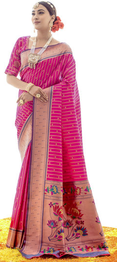 Pink and Majenta color Saree in Art Silk, Silk fabric with Weaving work