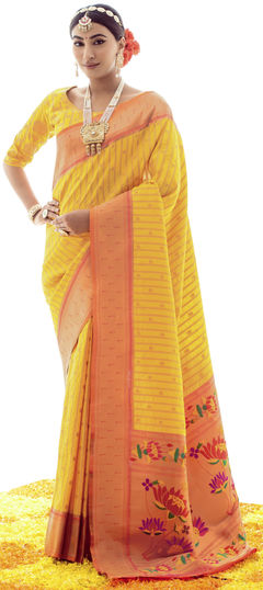 Yellow color Saree in Art Silk, Silk fabric with Weaving work