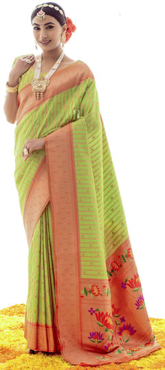 Green color Saree in Art Silk, Silk fabric with Weaving work