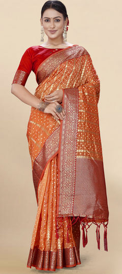 Orange color Saree in Organza Silk, Silk fabric with Weaving work