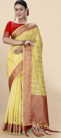 Yellow color Saree in Organza Silk, Silk fabric with Weaving work