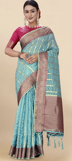 Blue color Saree in Organza Silk, Silk fabric with Weaving work