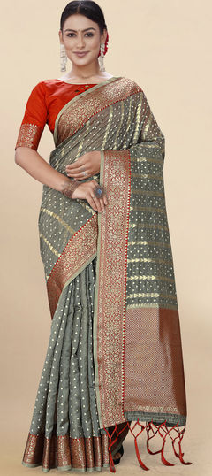 Black and Grey color Saree in Organza Silk, Silk fabric with Weaving work