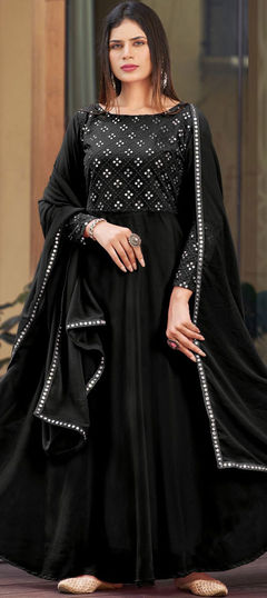 Party Wear, Reception Black and Grey color Salwar Kameez in Georgette fabric with Anarkali Mirror, Resham, Thread work : 1881927