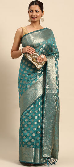 Casual, Traditional Blue color Saree in Organza Silk, Silk fabric with South Weaving, Zari work : 1882006