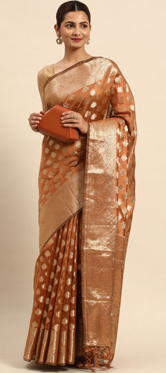 Casual, Traditional Beige and Brown color Saree in Organza Silk, Silk fabric with South Weaving, Zari work : 1882012