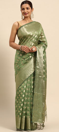 Casual, Traditional Green color Saree in Organza Silk, Silk fabric with South Weaving, Zari work : 1882014