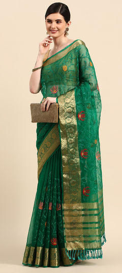 Party Wear, Reception Green color Saree in Organza Silk, Silk fabric with Classic, South Border, Embroidered, Thread work : 1882085