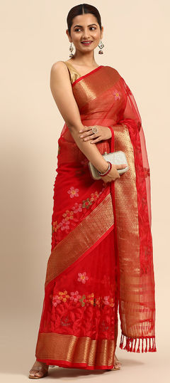 Red and Maroon color Saree in Organza Silk, Silk fabric with Border, Embroidered, Thread work