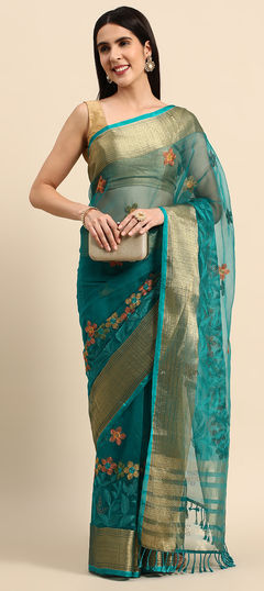 Blue color Saree in Organza Silk, Silk fabric with Border, Embroidered, Thread work