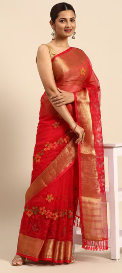 Pink and Majenta color Saree in Organza Silk, Silk fabric with Border, Embroidered, Thread work